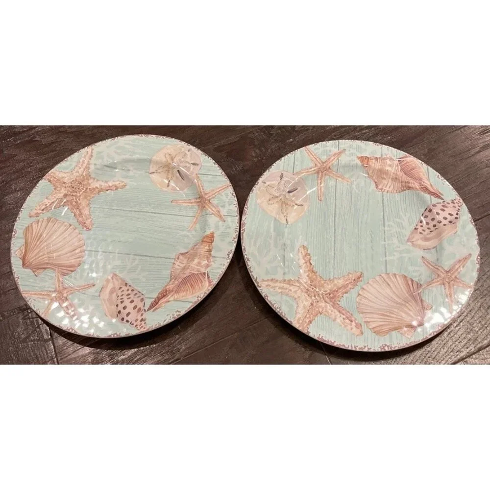 Melamine Seashells Teal Brown Dinner Plates Plate Set of 2 Nautical Beach Resort